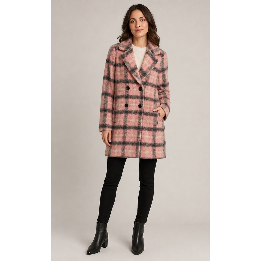 Loft Double Breasted Coquette Coat XXS Pink Gray Plaid Wool Blend Lined Pockets